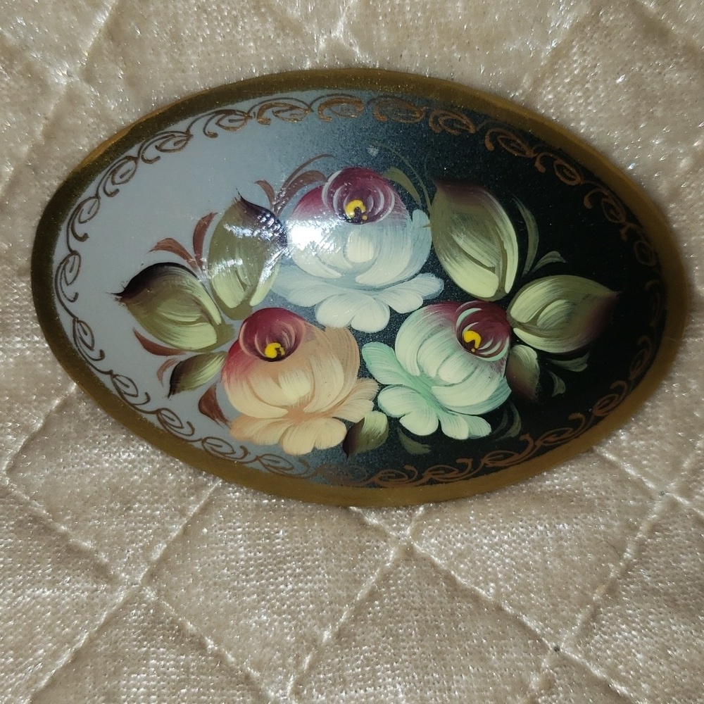 Vintage Russian Hand Painted Lacquerware Roses Brooch Pin